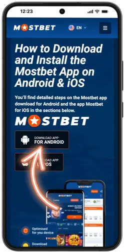 Mostbet official website homepage with download APK button on Android mobile browser