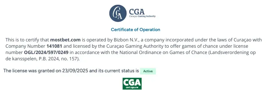 License information confirming that Mostbet is operated by and licensed by the Curaçao Gaming Authority